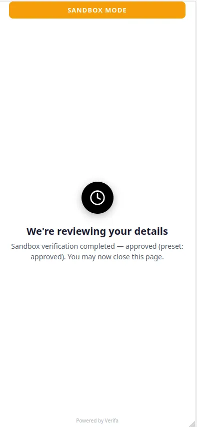 Verification complete — "We're reviewing your details", sandbox verification completed