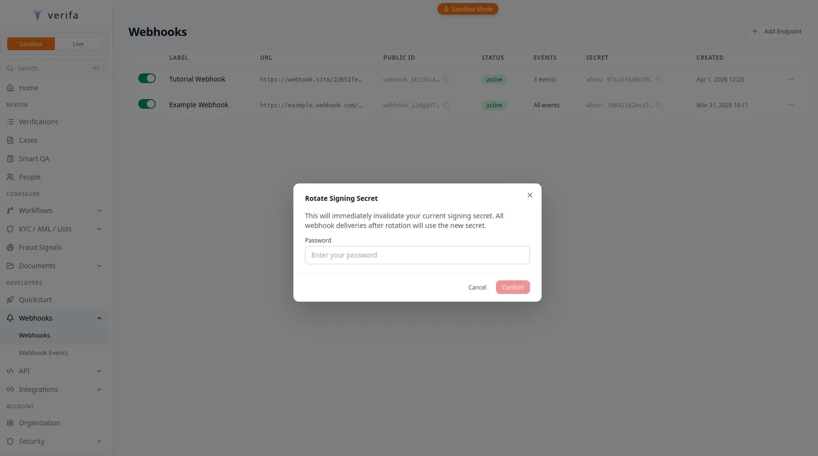 Rotate Signing Secret modal with password prompt