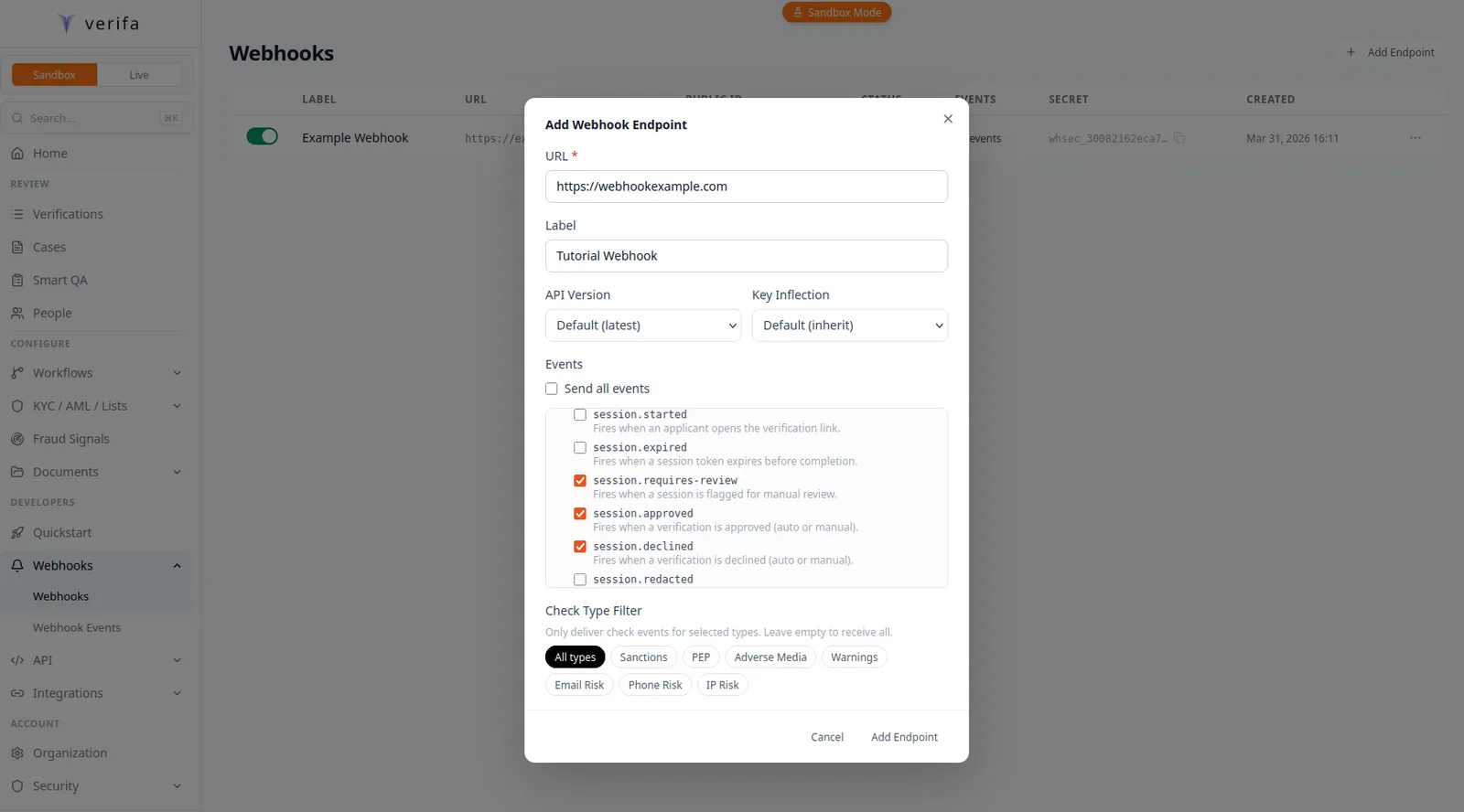 New webhook endpoint form with URL, label, and events configured
