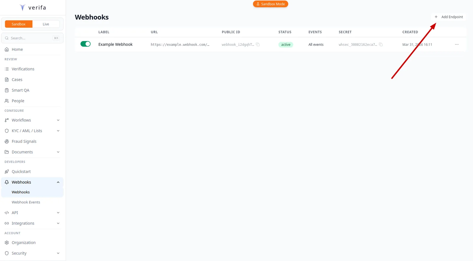 Webhook list with Add Endpoint button