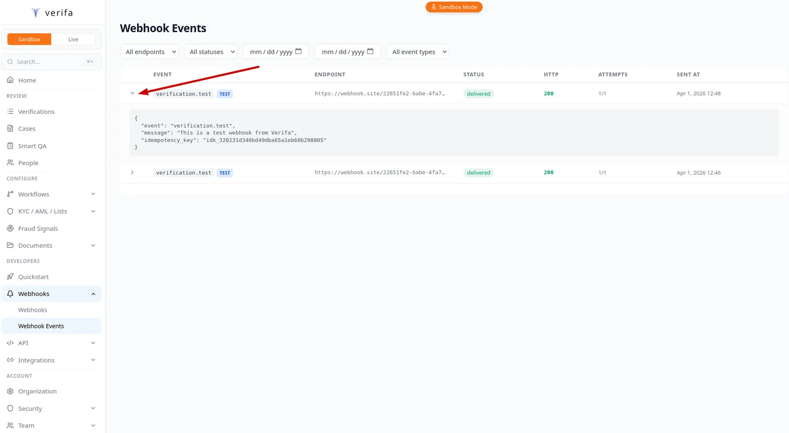 Expanded delivery showing the full webhook payload