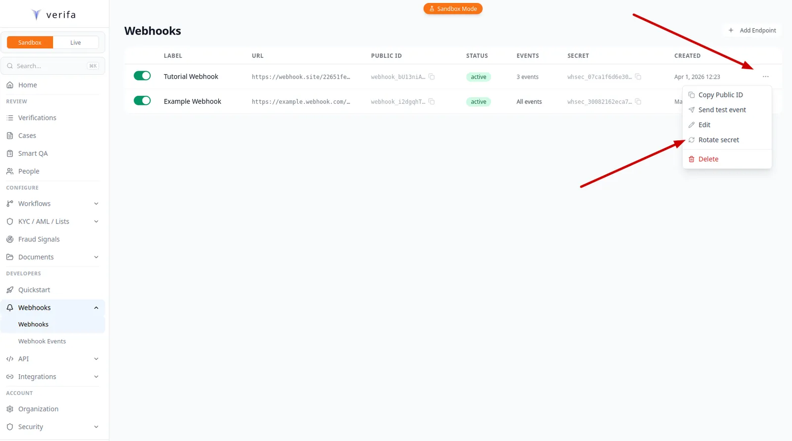 Endpoint menu with Rotate secret option
