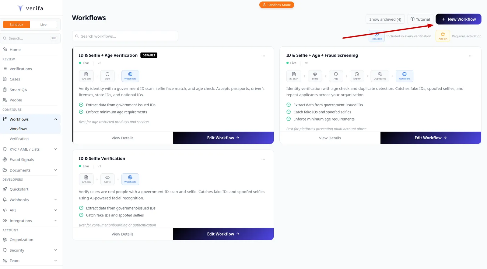 Workflow list with New Workflow button