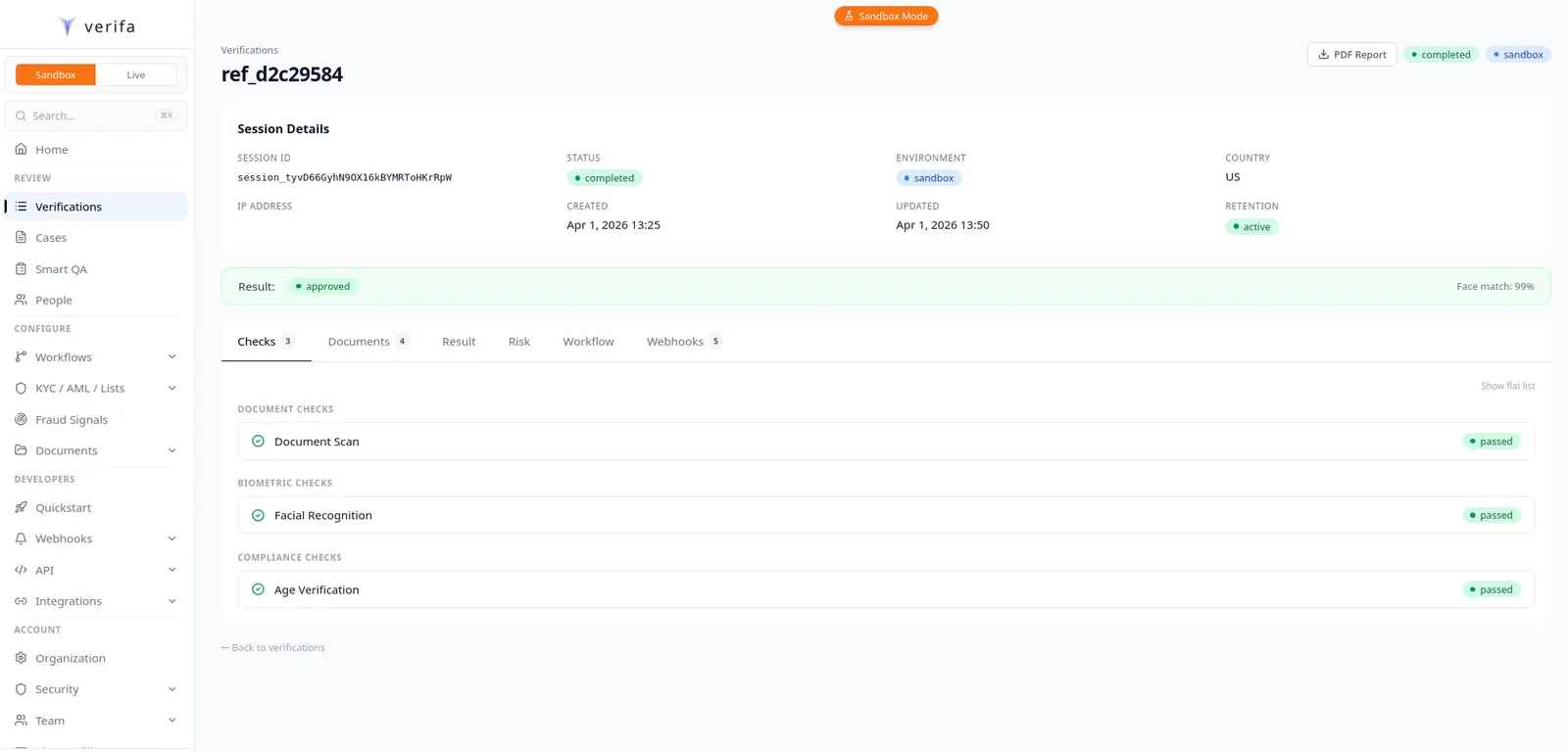 Session detail page showing checks — Document Scan, Facial Recognition, and Age Verification all passed