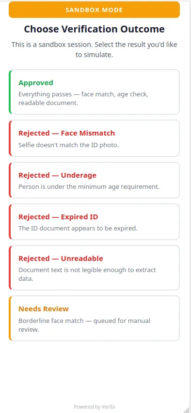 Sandbox outcome selector — Approved, Rejected (Face Mismatch, Underage, Expired ID, Unreadable), and Needs Review