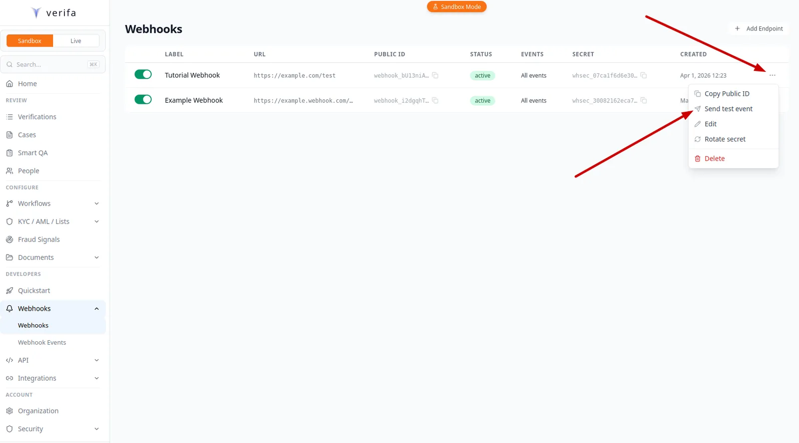 Endpoint menu with Send test event option