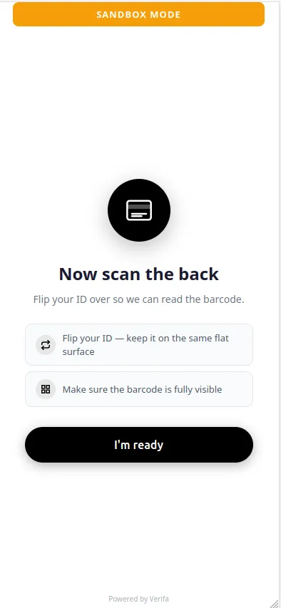 Scan back of ID prompt — flip your ID over, make sure barcode is visible
