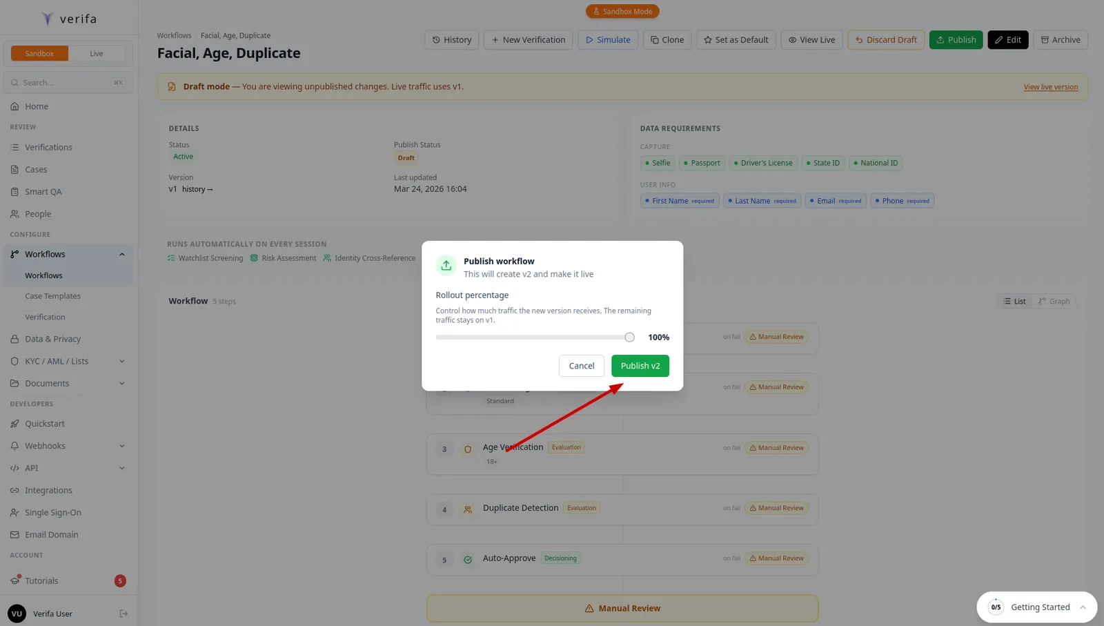 Publish modal with rollout percentage