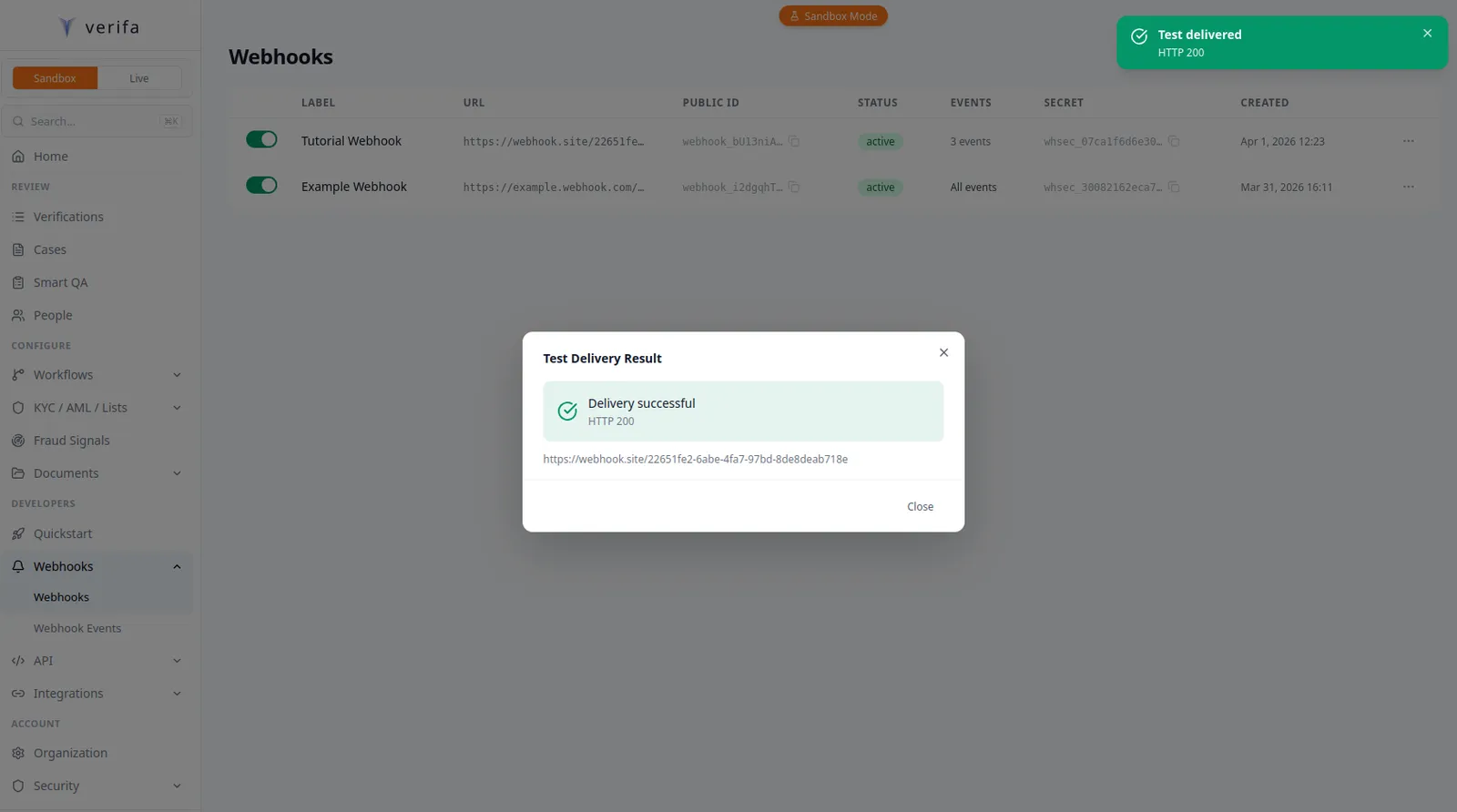 Test Delivery Result modal — Delivery successful, HTTP 200