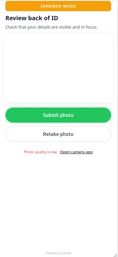 Review back of ID — Submit photo and Retake photo buttons