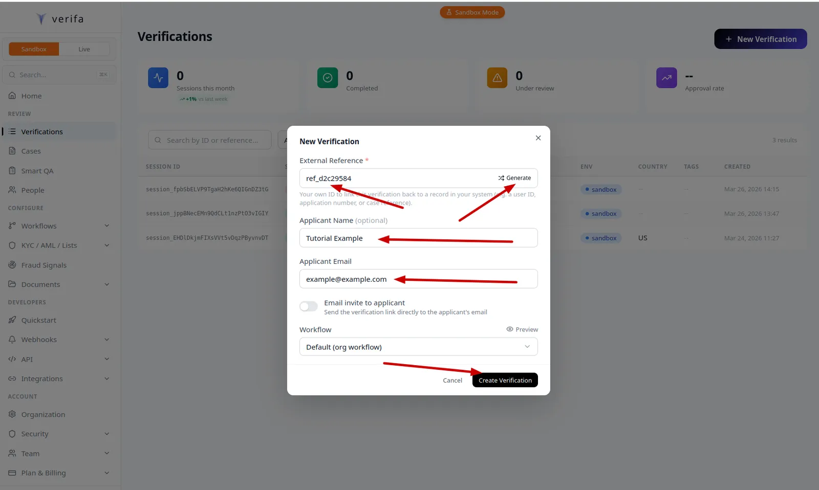 New Verification modal showing External Reference, Applicant Name, Email, and Workflow fields