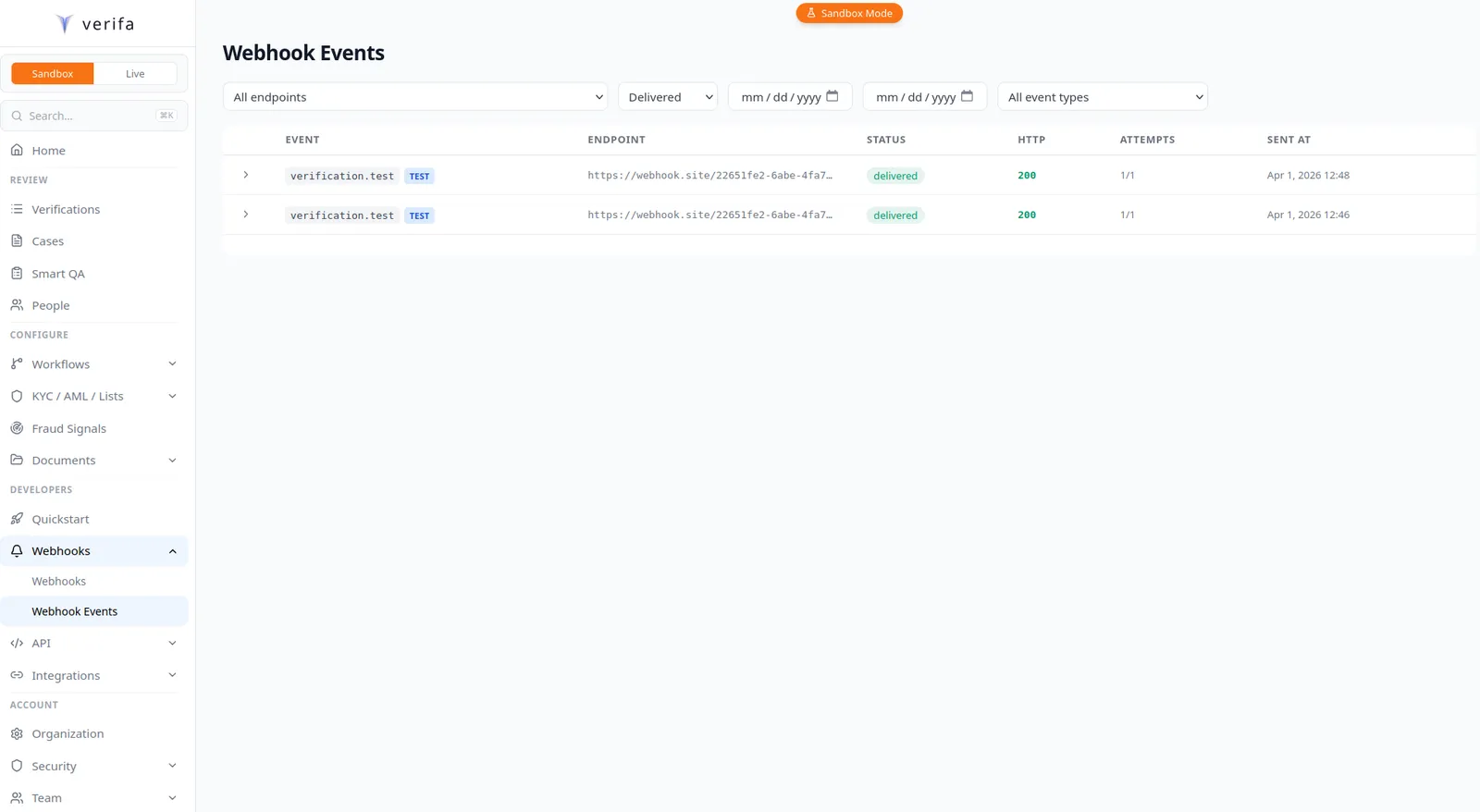 Webhook Events page showing delivery history with filters