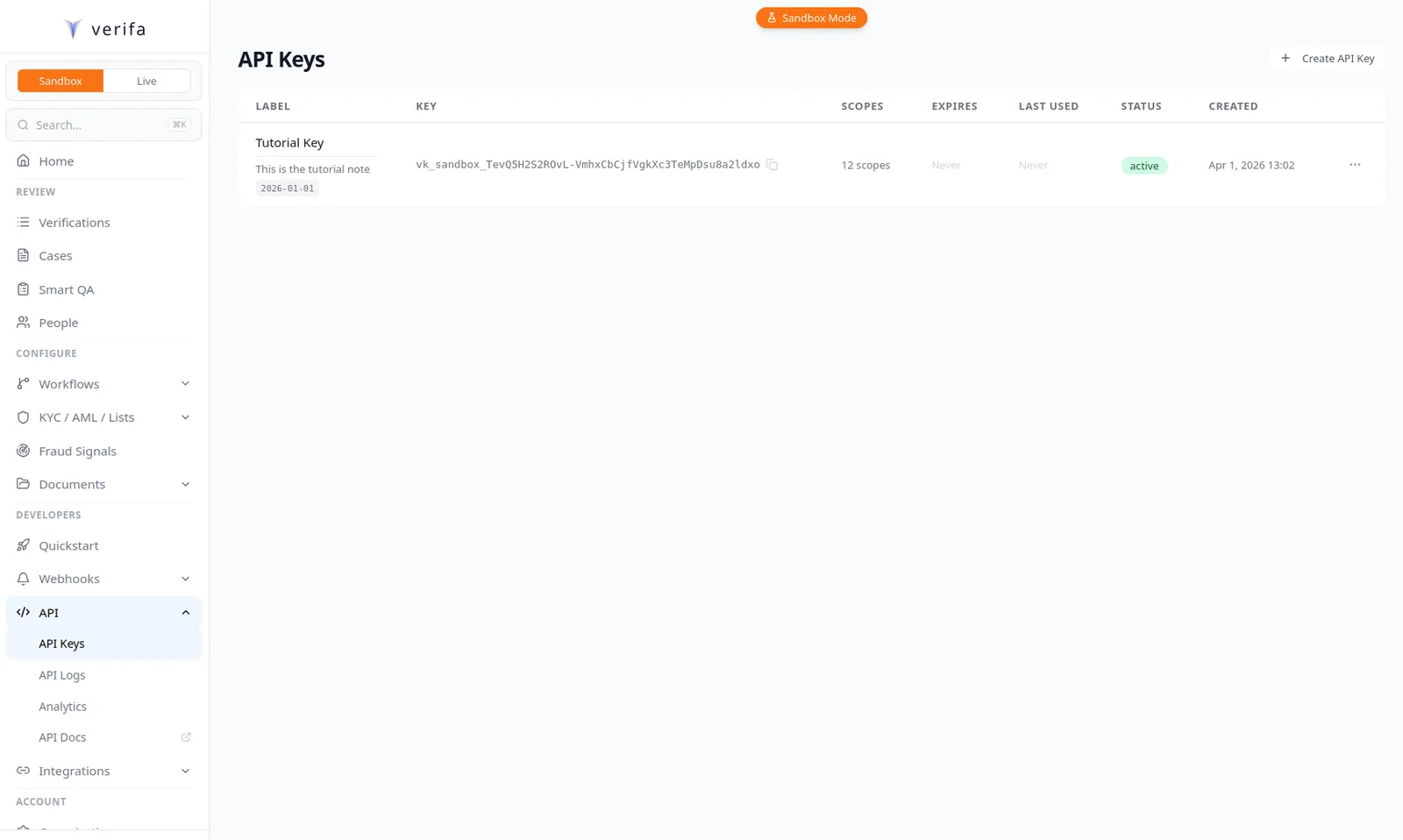 API Keys page showing a sandbox key under Developers > API > API Keys