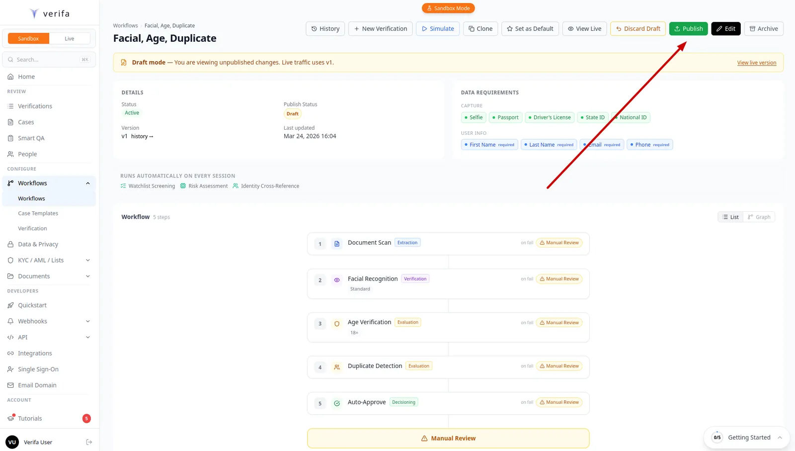 Workflow detail page with Publish button