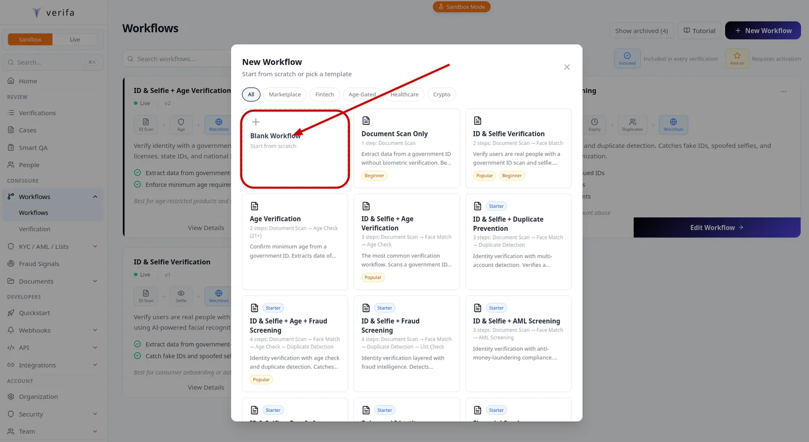 New Workflow modal showing template options