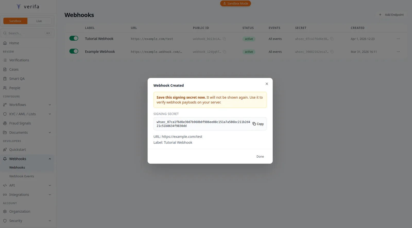 Webhook Created modal with signing secret revealed