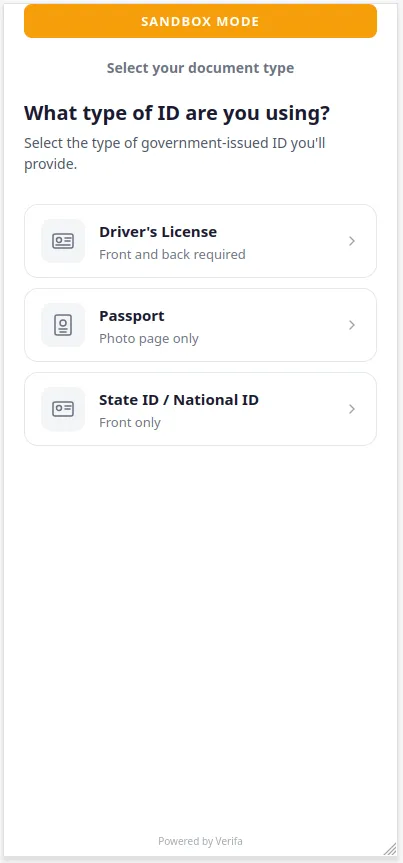 Document type selection — Driver's License, Passport, or State ID / National ID
