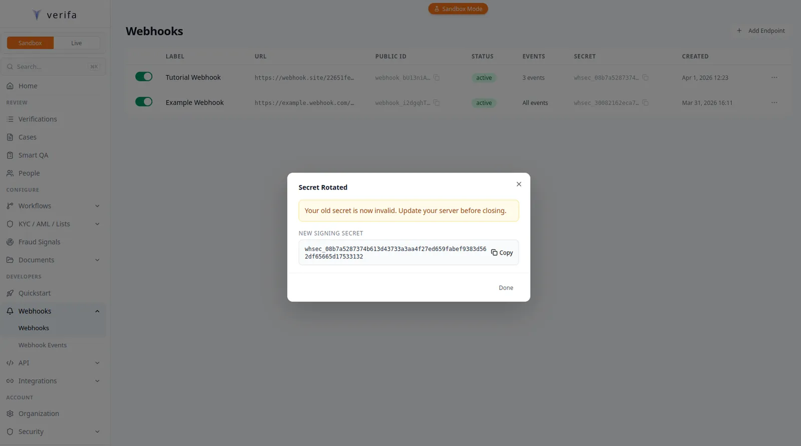 Secret Rotated modal with new secret revealed